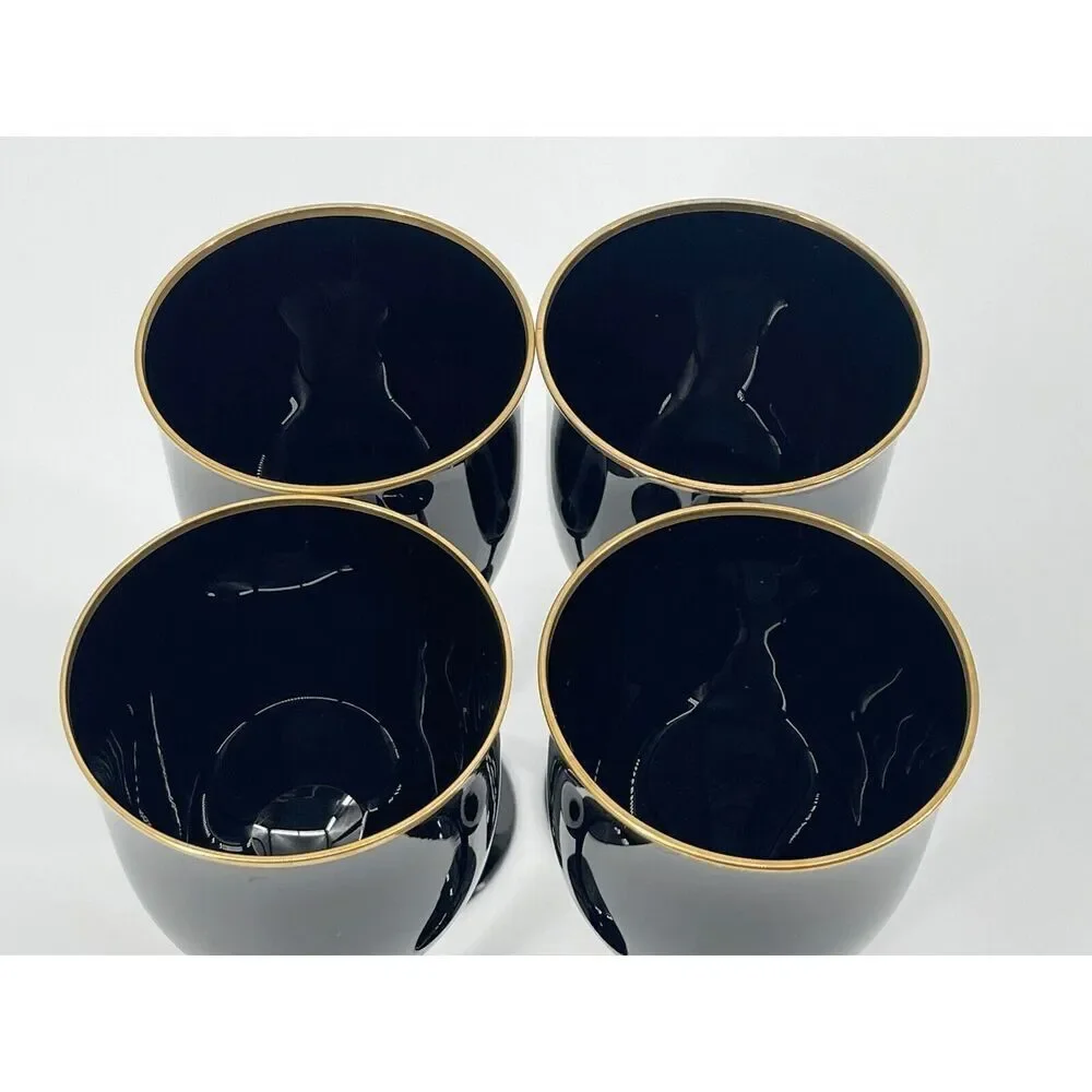4 Vintage Noritake REMEMBRANCE EBONY Wine Glasses Goblets 7” Black W/ Gold Rim